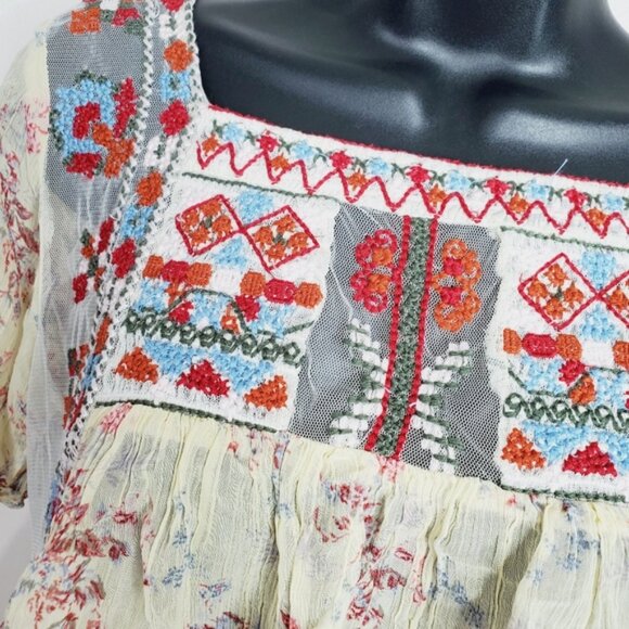 Zara Retro Folk Embroidered Chiffon Boho Coquette Prairie Country Blouse S - Picture 4 of 8